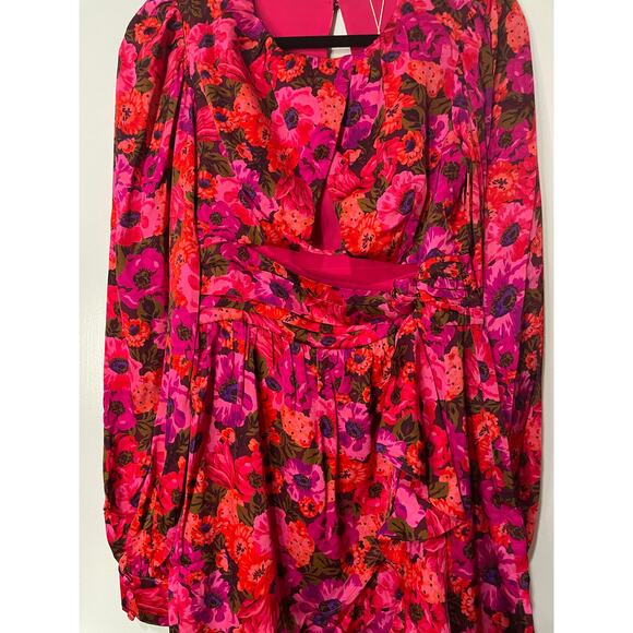 For Love & Lemons Lauren Long Sleeve Mini Dress Red Pink Florals Size XS NWT - Picture 5 of 14